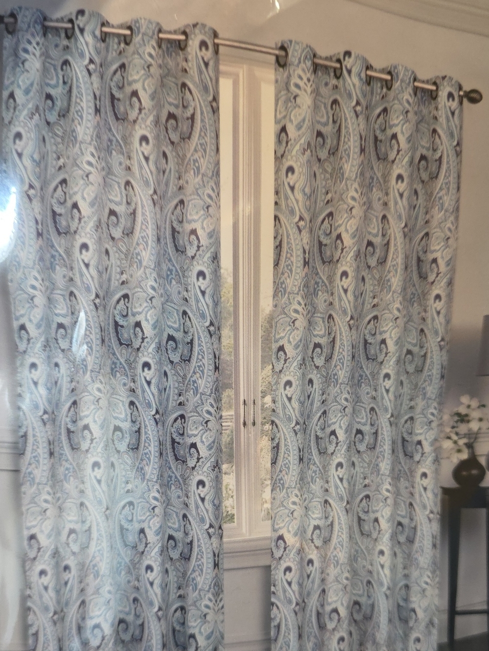 Valencia NEW Pair Blackout Curtain Panels Grommets Paisley Blue Beige 100x84 - Picture 2 of 7